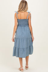 Light Blue Vintage Wash Denim Smocked Maternity Dress