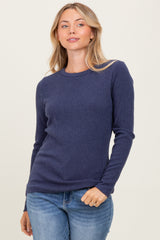 Navy Ribbed Knit Long Sleeve Top