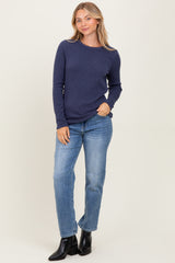 Navy Ribbed Knit Long Sleeve Top
