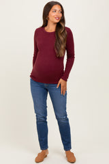Burgundy Ribbed Knit Maternity Long Sleeve Top