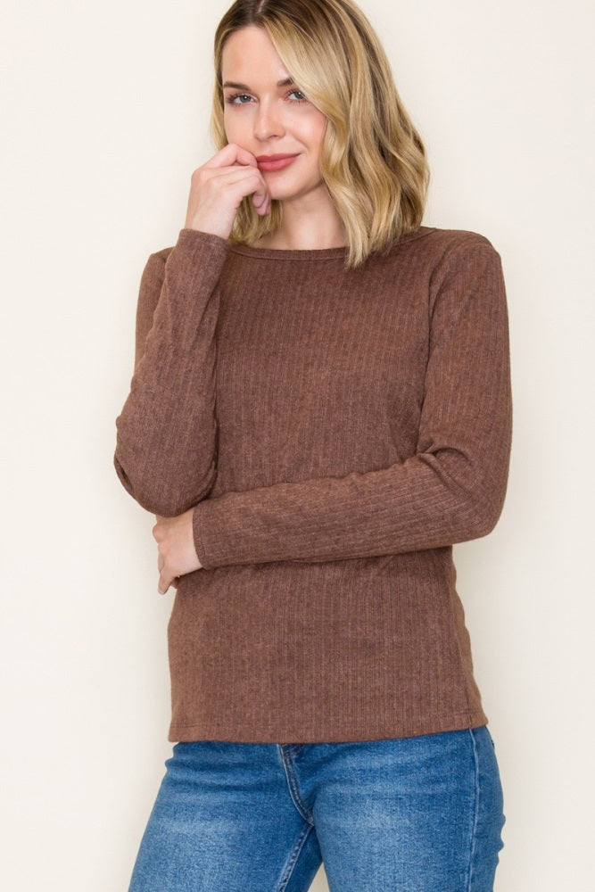 Brown Ribbed Knit Long Sleeve Top