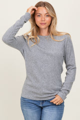 Heather Grey Ribbed Knit Long Sleeve Top