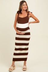 Brown Striped Knit Shoulder Tie Maternity Maxi Dress