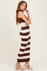 Brown Striped Knit Shoulder Tie Maxi Dress