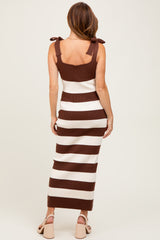 Brown Striped Knit Shoulder Tie Maxi Dress