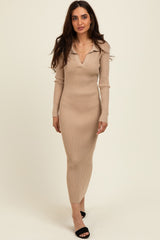 Beige Ribbed Knit Collared Sweater Dress