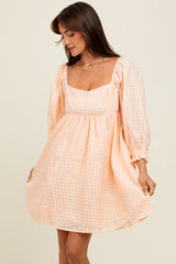 Peach Plaid Overlay Bubble Sleeve Dress
