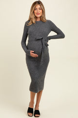 Charcoal Ribbed Tie Waist Maternity Sweater Dress