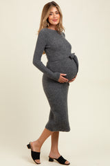 Charcoal Ribbed Tie Waist Maternity Sweater Dress