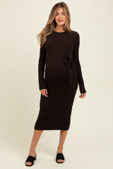 Brown Ribbed Tie Waist Maternity Sweater Dress