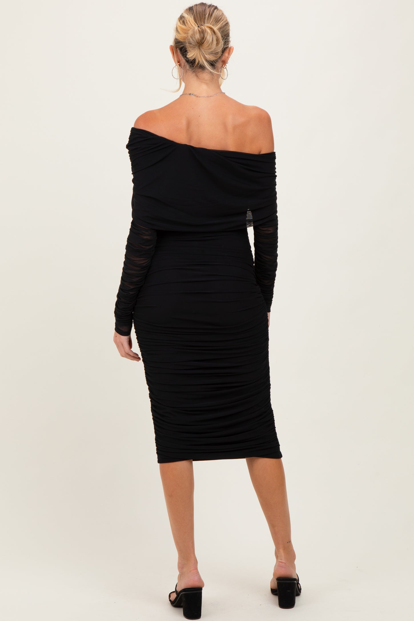 Black Ruched Mesh Off Shoulder Long Sleeve Maternity Midi Dress