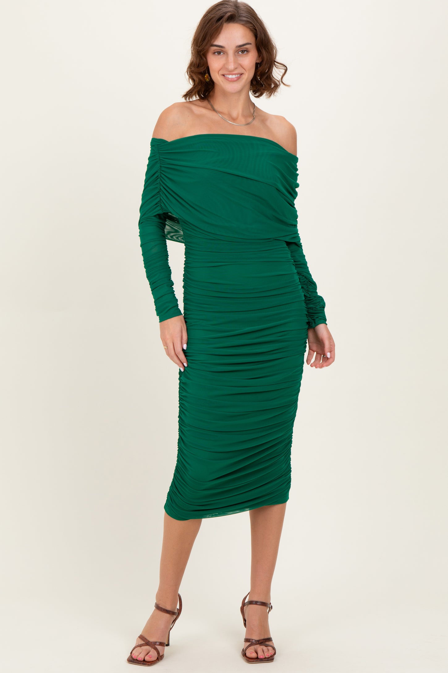 Forest Green Ruched Mesh Off Shoulder Long Sleeve Maternity Midi Dress
