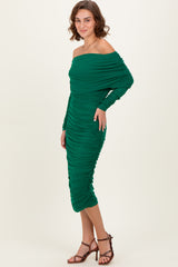Forest Green Ruched Mesh Off Shoulder Long Sleeve Midi Dress