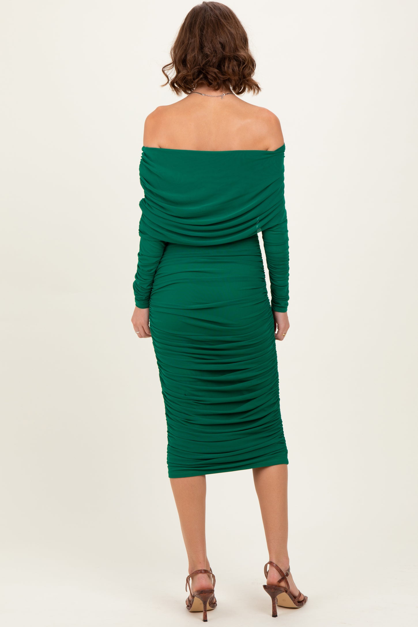 Forest Green Ruched Mesh Off Shoulder Long Sleeve Midi Dress