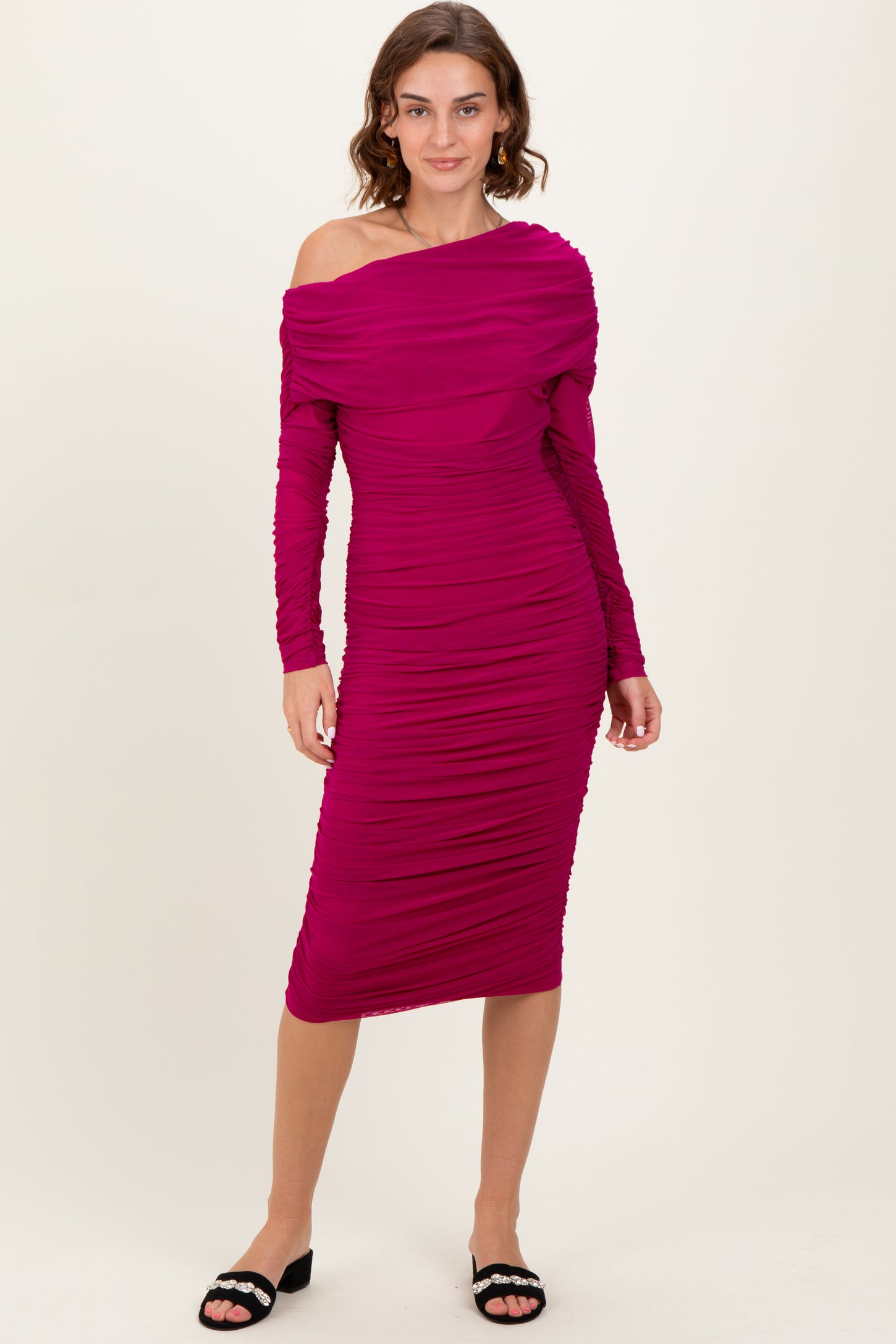 Magenta Ruched Mesh Off Shoulder Long Sleeve Midi Dress