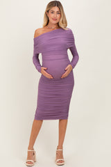 Lavender Ruched Mesh Off Shoulder Long Sleeve Maternity Midi Dress