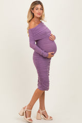 Lavender Ruched Mesh Off Shoulder Long Sleeve Maternity Midi Dress