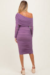 Lavender Ruched Mesh Off Shoulder Long Sleeve Maternity Midi Dress