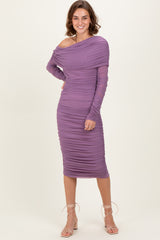 Lavender Ruched Mesh Off Shoulder Long Sleeve Midi Dress