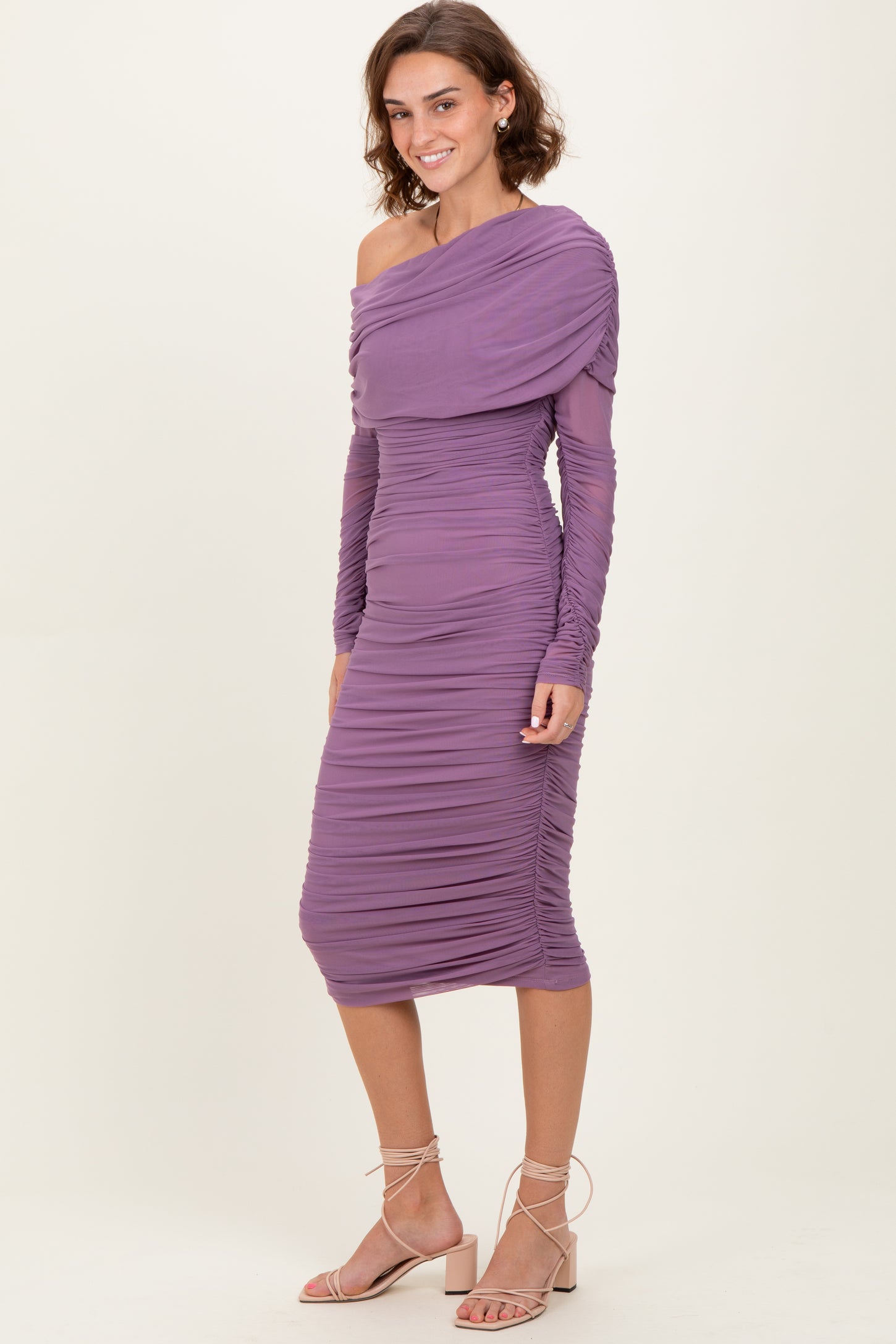 Lavender Ruched Mesh Off Shoulder Long Sleeve Midi Dress