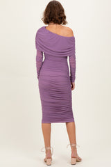Lavender Ruched Mesh Off Shoulder Long Sleeve Midi Dress