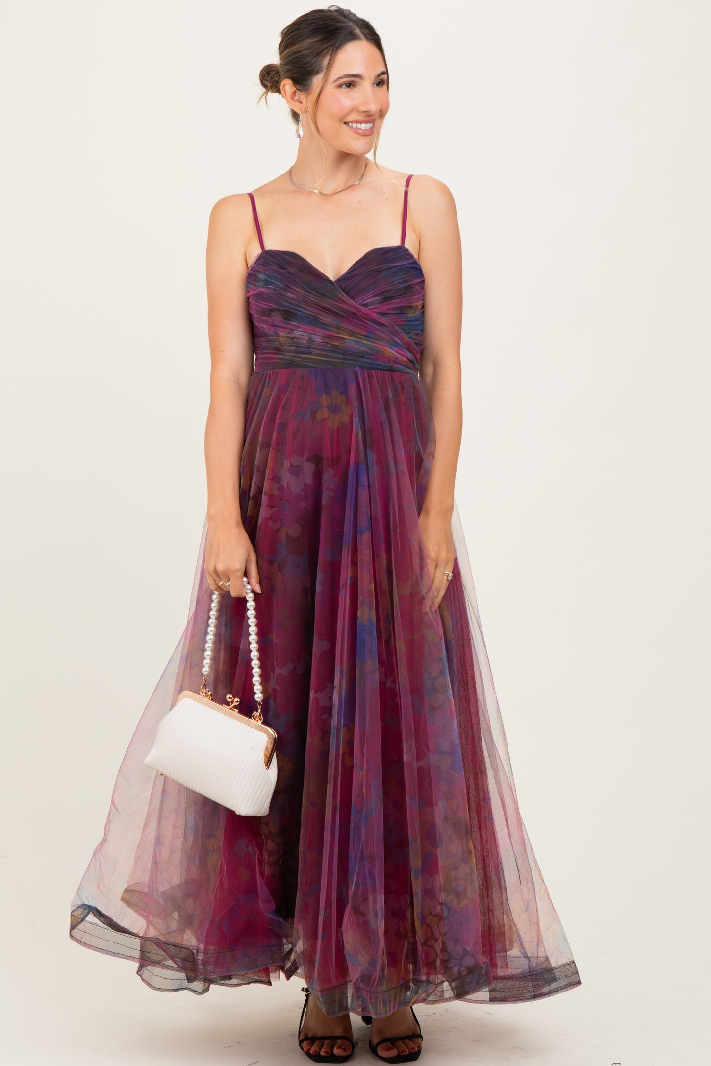 Magenta Floral Mesh Tulle Overlay Maternity Maxi Dress