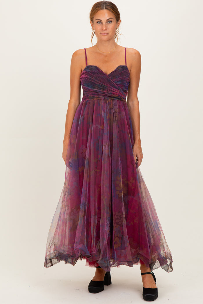 Magenta Floral Mesh Tulle Overlay Maternity Maxi Dress