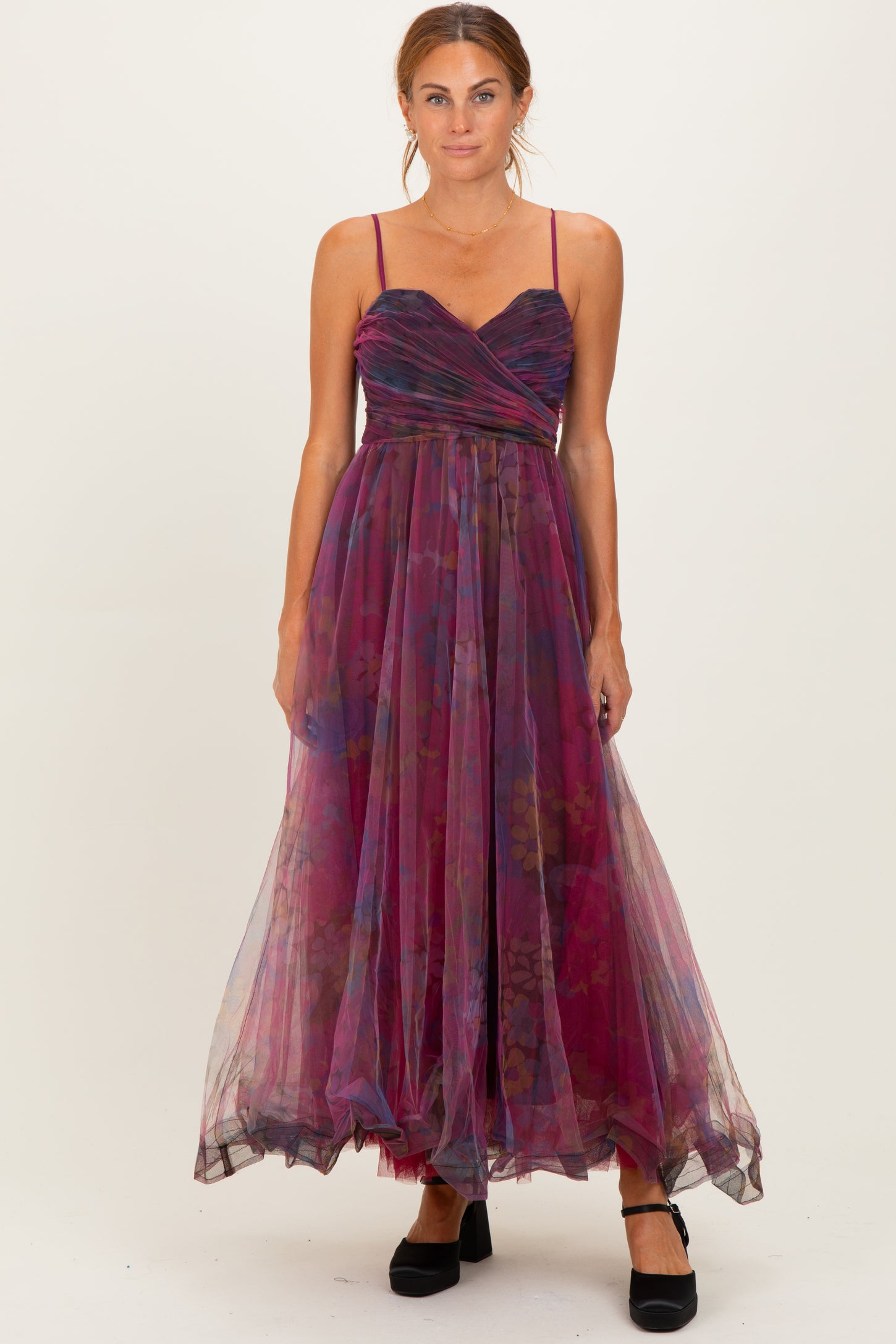 Magenta Floral Mesh Tulle Overlay Maxi Dress