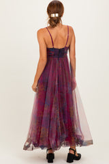 Magenta Floral Mesh Tulle Overlay Maxi Dress