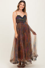 Multi Color Floral Mesh Tulle Overlay Maternity Maxi Dress