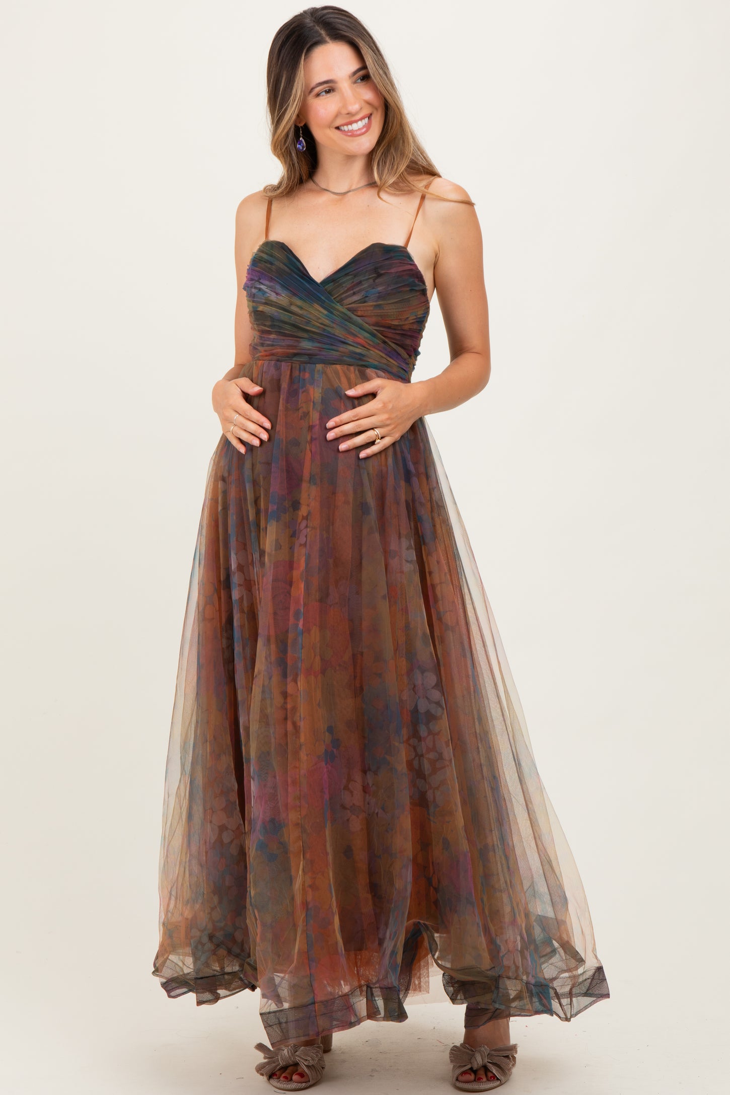 Multi Color Floral Mesh Tulle Overlay Maternity Maxi Dress