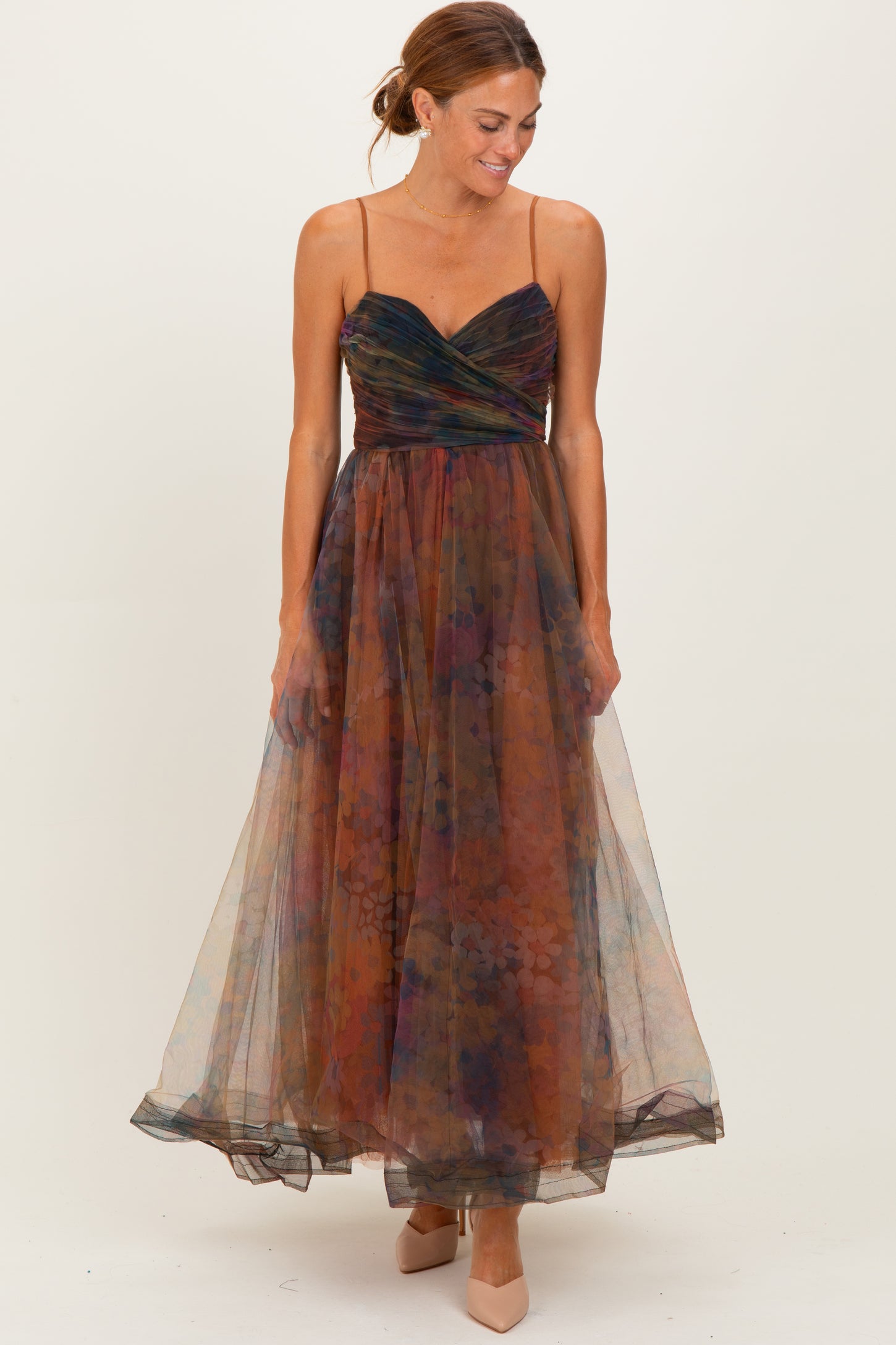 Multi Color Floral Mesh Tulle Overlay Maxi Dress