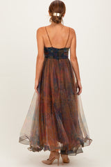 Multi Color Floral Mesh Tulle Overlay Maxi Dress