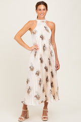 Cream Printed Pleated Maternity Halter Dress