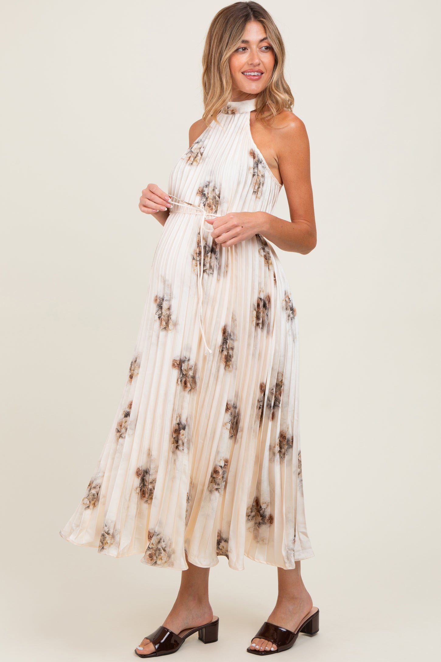 Cream Printed Pleated Maternity Halter Dress