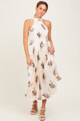 Cream Printed Pleated Halter Dress