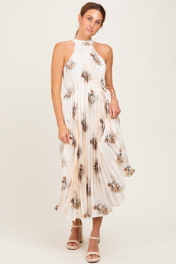 Cream Printed Pleated Halter Dress