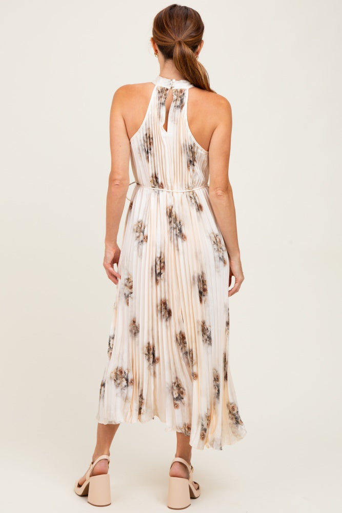 Cream Printed Pleated Halter Dress