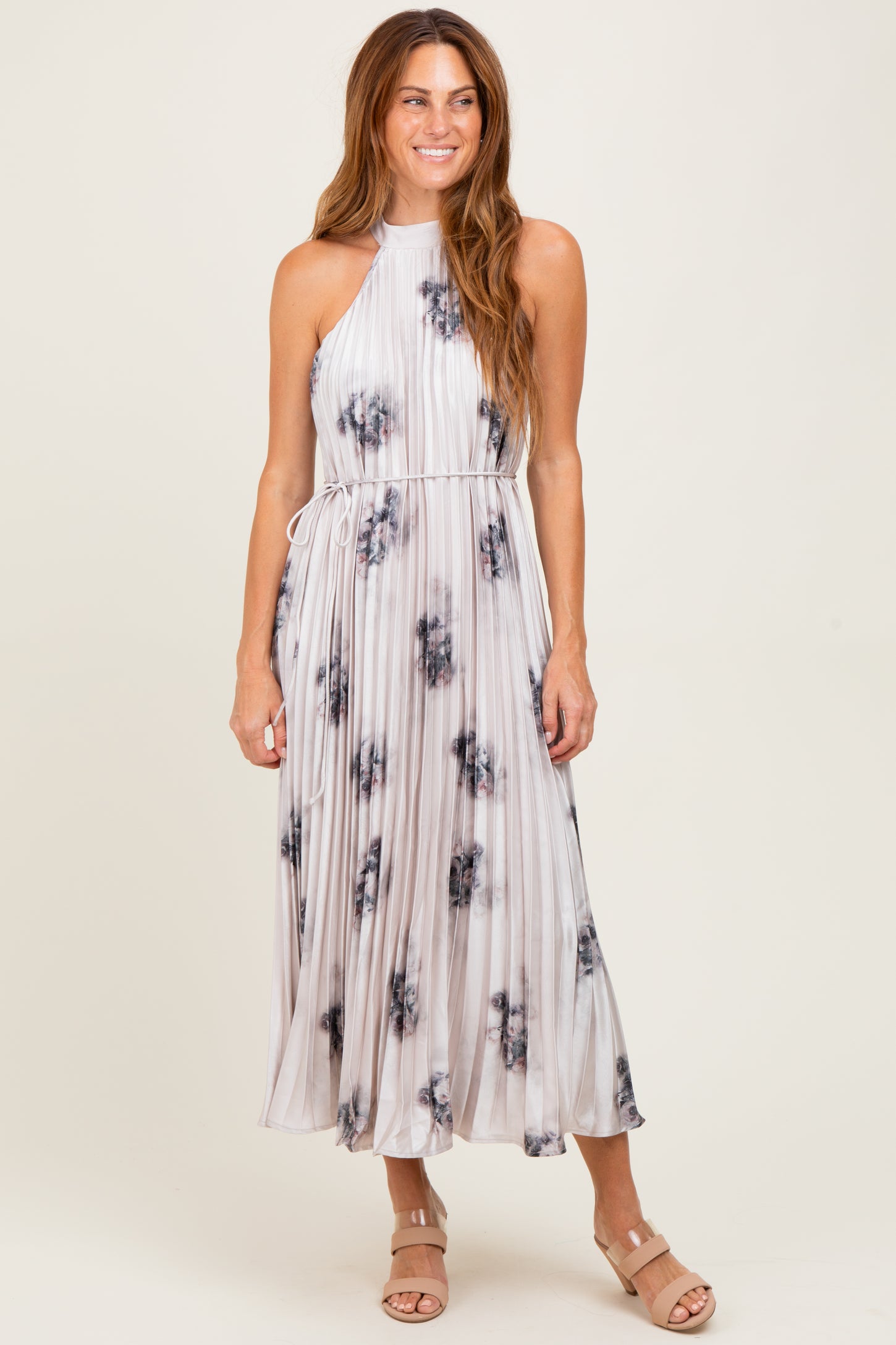 Light Pink Printed Pleated Maternity Halter Dress