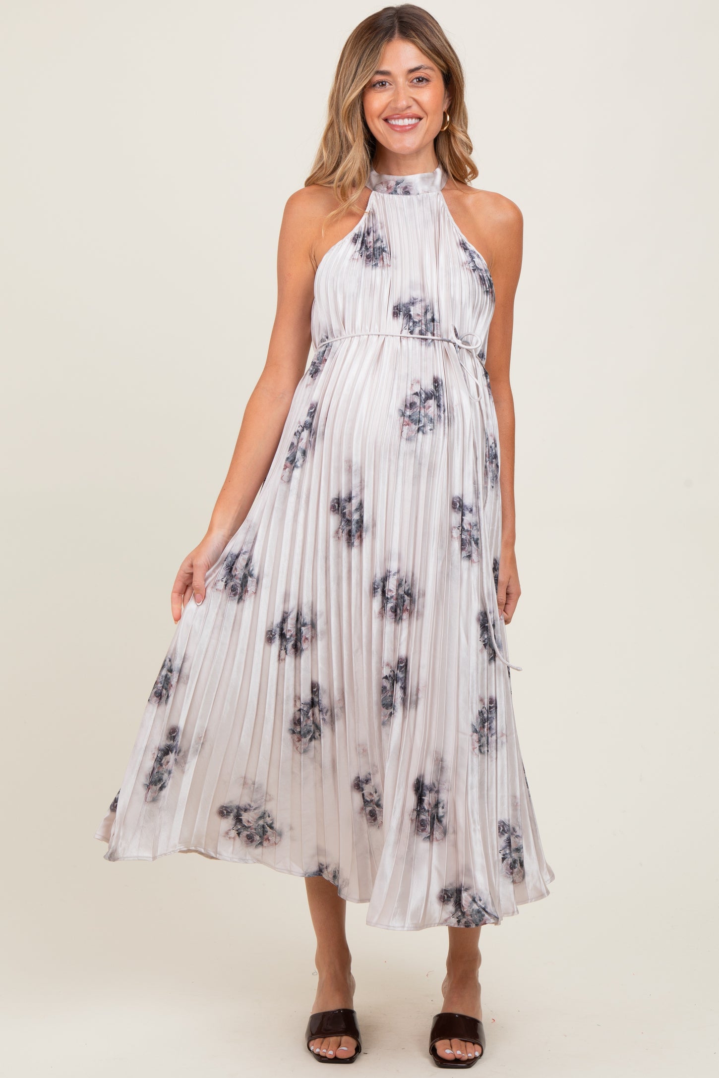 Light Pink Printed Pleated Maternity Halter Dress