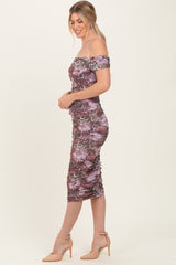 Mauve Floral Animal Print Off Shoulder Midi Dress