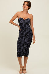 Charcoal Mesh Velvet Strapless Ruched Maternity Midi Dress