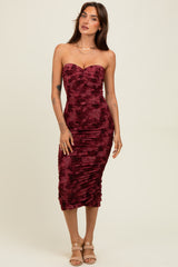 Burgundy Mesh Velvet Strapless Ruched Midi Dress