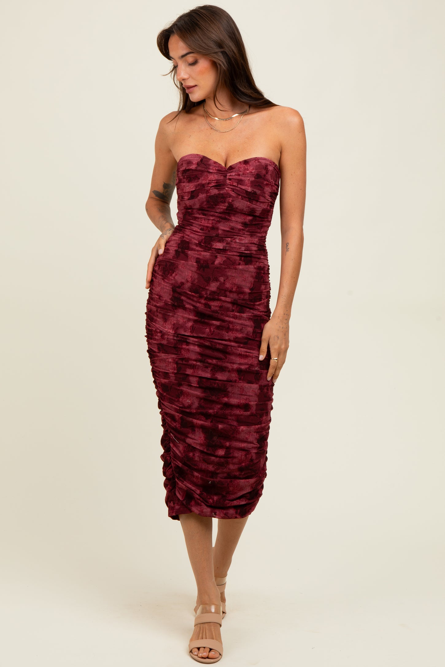 Burgundy Mesh Velvet Strapless Ruched Midi Dress