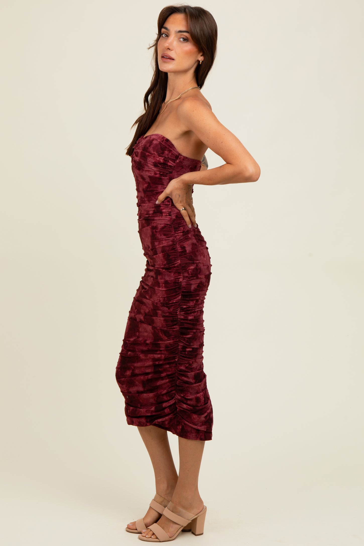 Burgundy Mesh Velvet Strapless Ruched Midi Dress