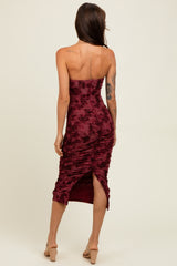 Burgundy Mesh Velvet Strapless Ruched Midi Dress