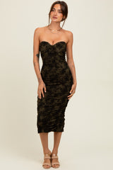 Olive Mesh Velvet Strapless Ruched Midi Dress