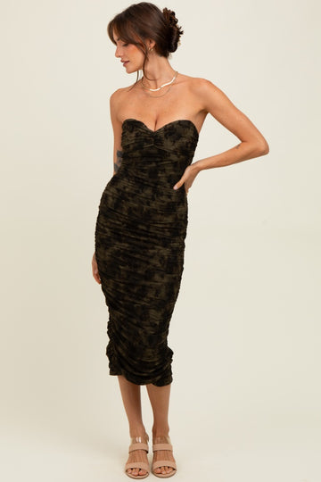 Olive Mesh Velvet Strapless Ruched Midi Dress