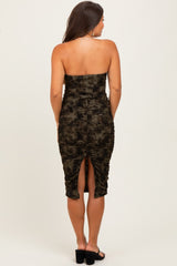 Olive Mesh Velvet Strapless Ruched Maternity Midi Dress