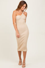 Beige Metallic Ribbed Knit One Strap Maternity Midi Dress
